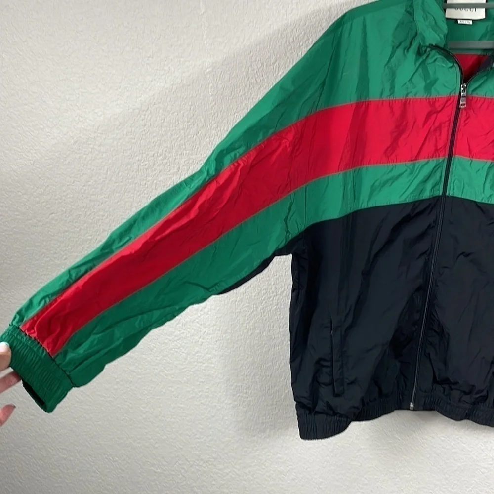 Gucci Oversized Nylon Track Jacket Water Repellent Black Green Red Mens Sz M